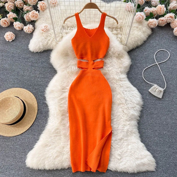 YuooMuoo Women Dress Sexy Cut Out Waist Package Hips Split Bodycon Dress Summer Fashion Lady Knitted Party Vestidos Sundress