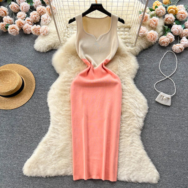 YuooMuoo Women Dress 2023 New Fashion Vintage Color Patchwork One Piece Knitted Bodycon Dress Sexy Wrap Hips Lady Party Vestidos