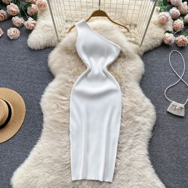 YuooMuoo Ins Fashion Sexy One Shoulder Knitted Bodycon Dress Lady Elastic Outfits Package Hips White Mini Dress Party Vestidos